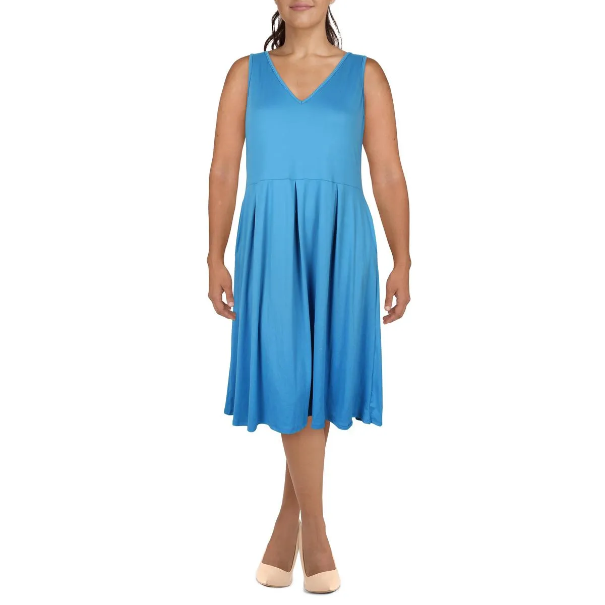 24seven Comfort Apparel Womens Plus V-Neck Sleeveless Midi Dress