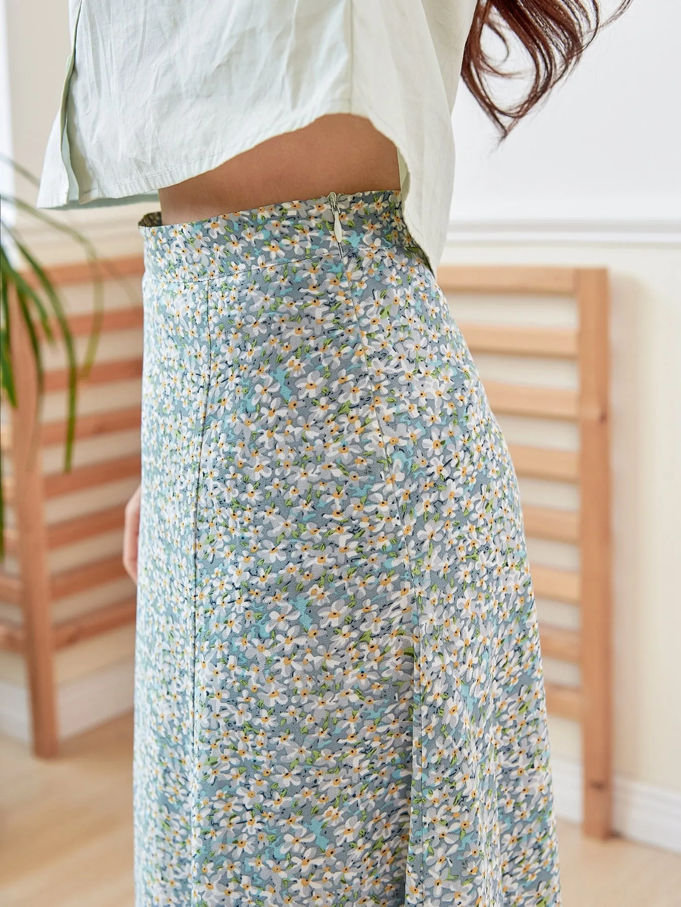 Boho Ditsy Floral Zipper Semi-Sheer Natural Midi Women Skirt