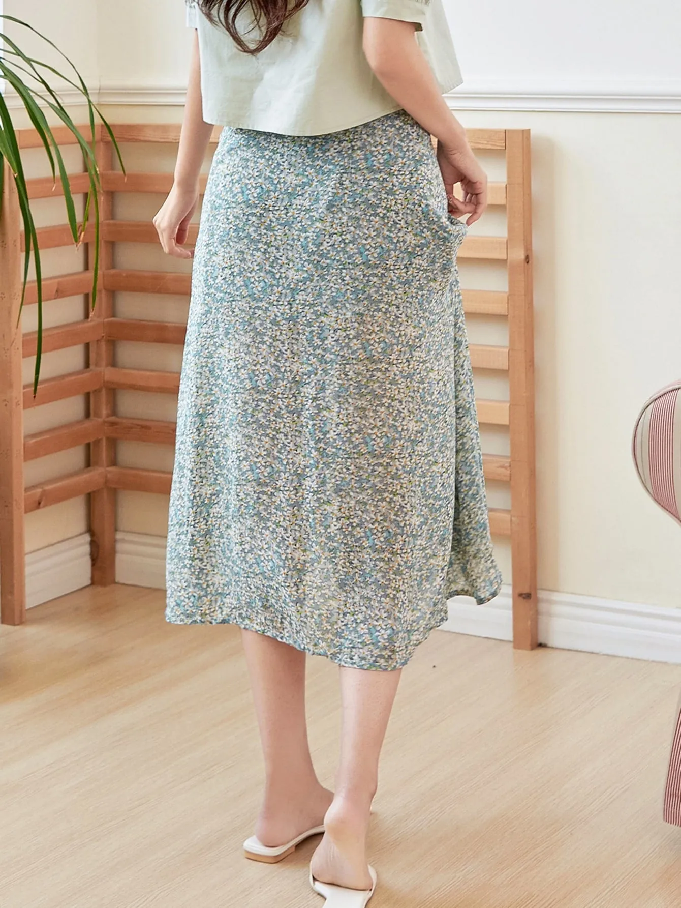 Boho Ditsy Floral Zipper Semi-Sheer Natural Midi Women Skirt