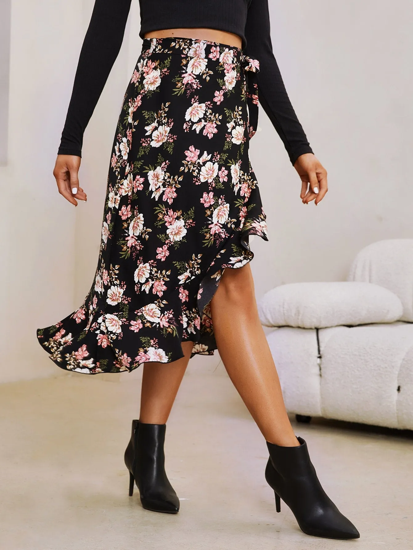 Boho Floral Ruffle Hem High Waist Midi Women Skirts