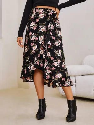 Boho Floral Ruffle Hem High Waist Midi Women Skirts