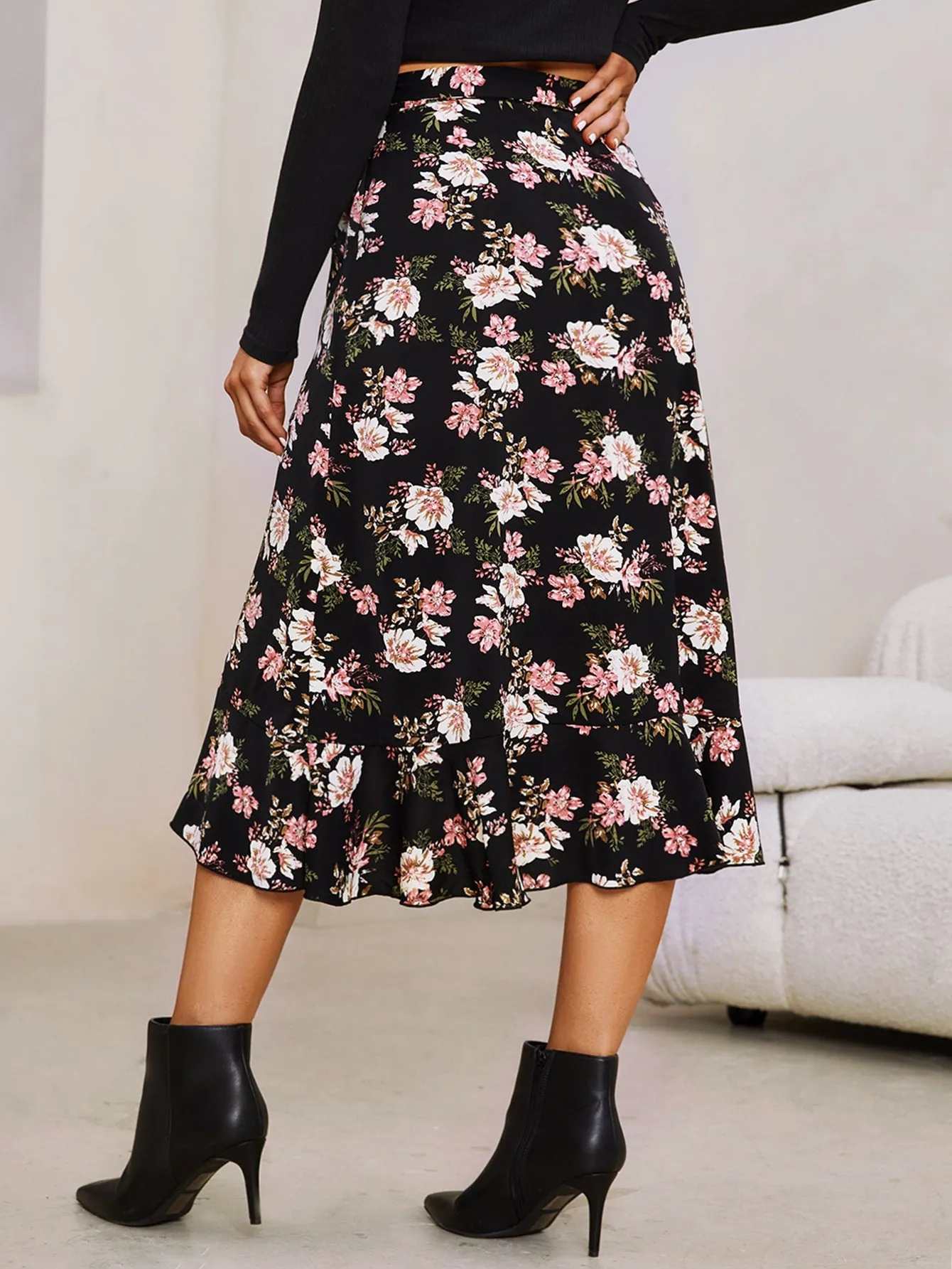 Boho Floral Ruffle Hem High Waist Midi Women Skirts