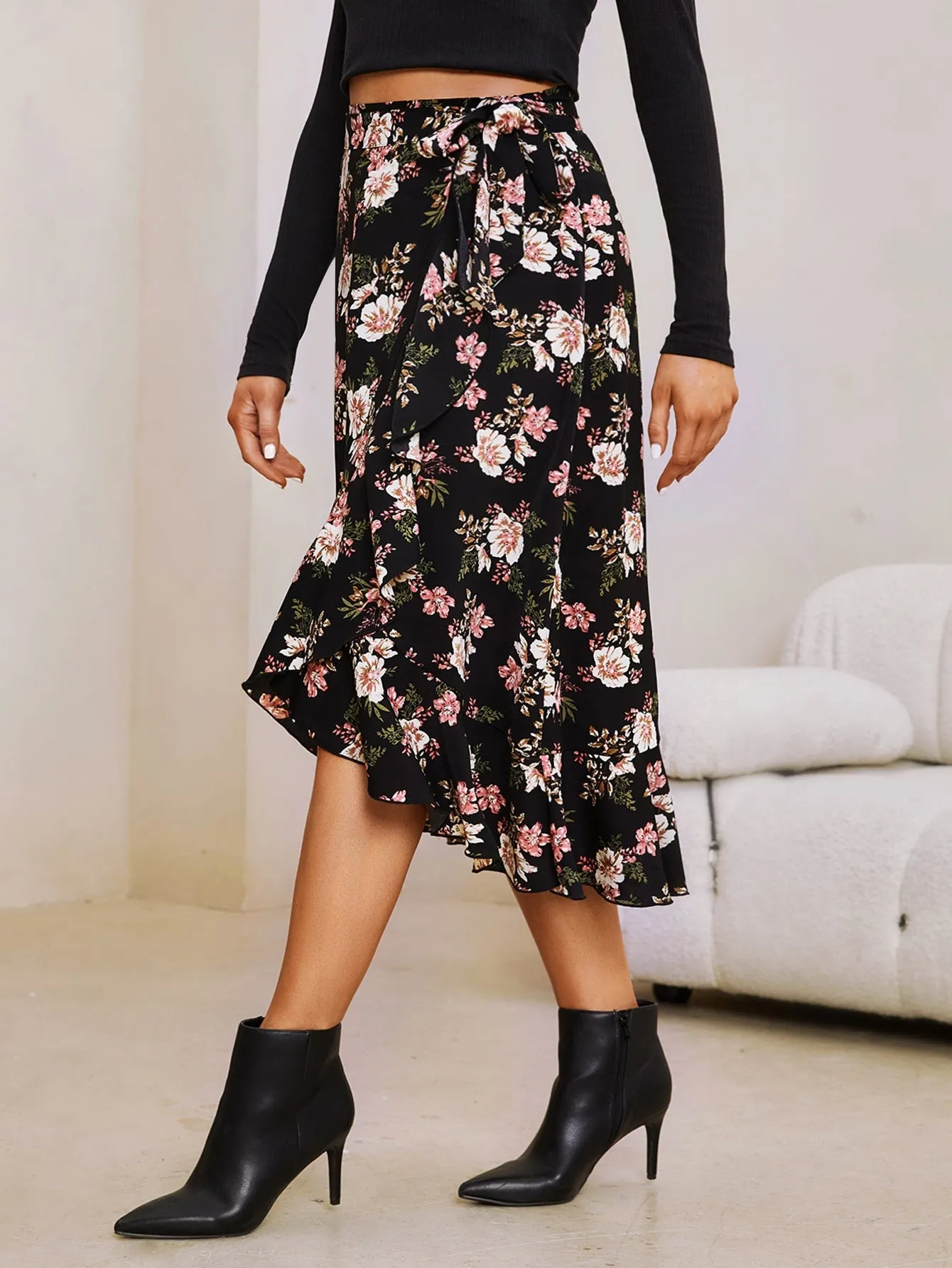 Boho Floral Ruffle Hem High Waist Midi Women Skirts