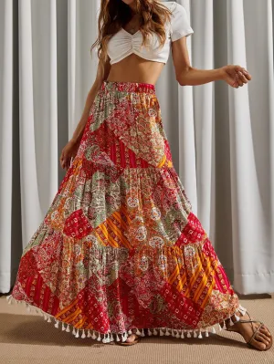 Boho Paisley Ruffle Hem High Waist Maxi Women Skirt