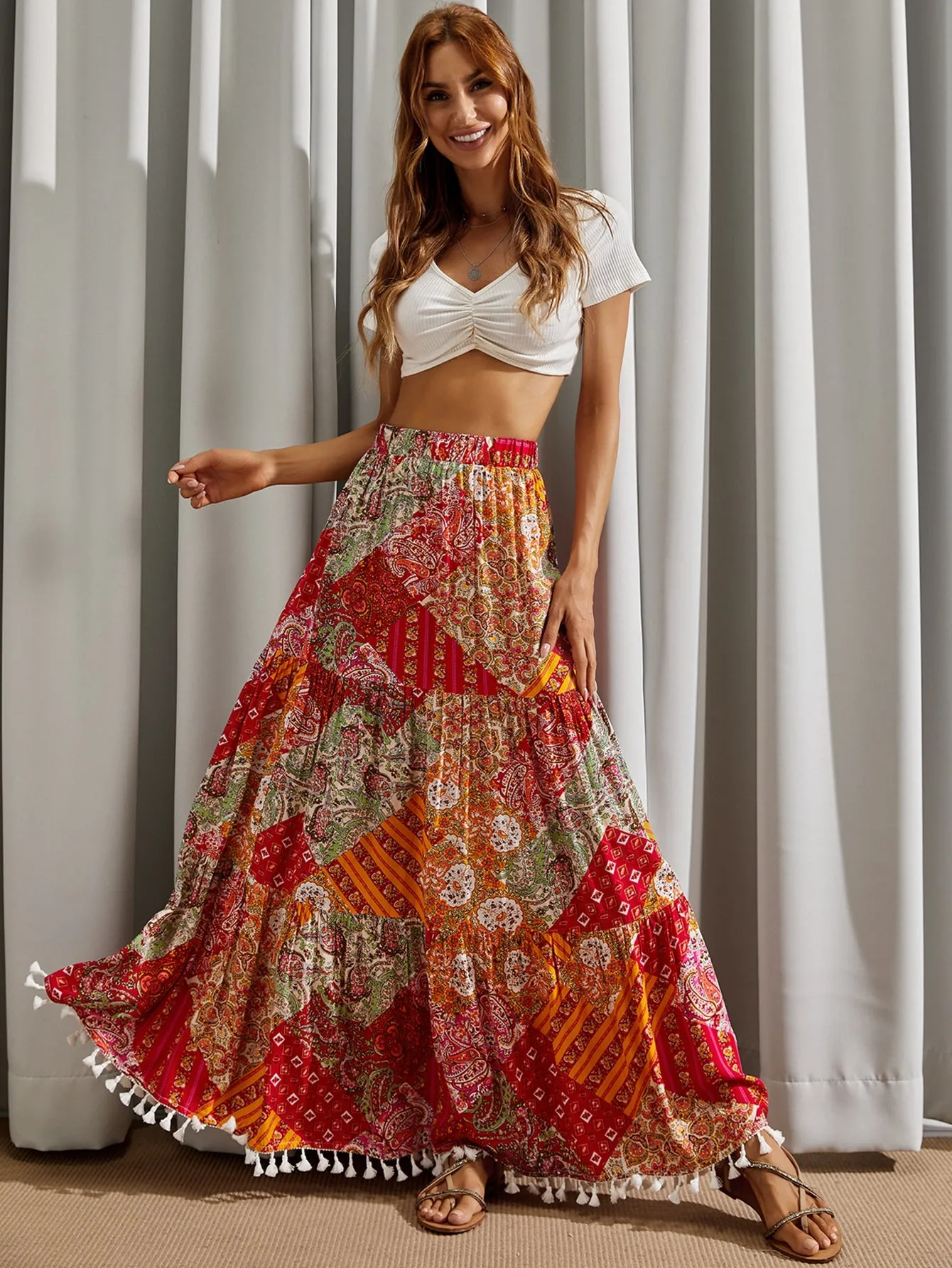 Boho Paisley Ruffle Hem High Waist Maxi Women Skirt