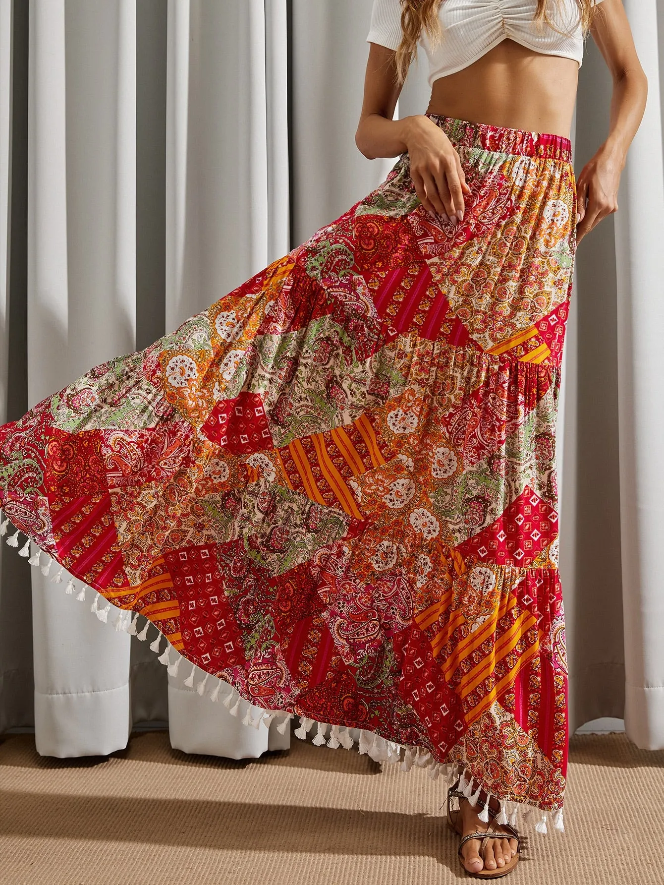 Boho Paisley Ruffle Hem High Waist Maxi Women Skirt