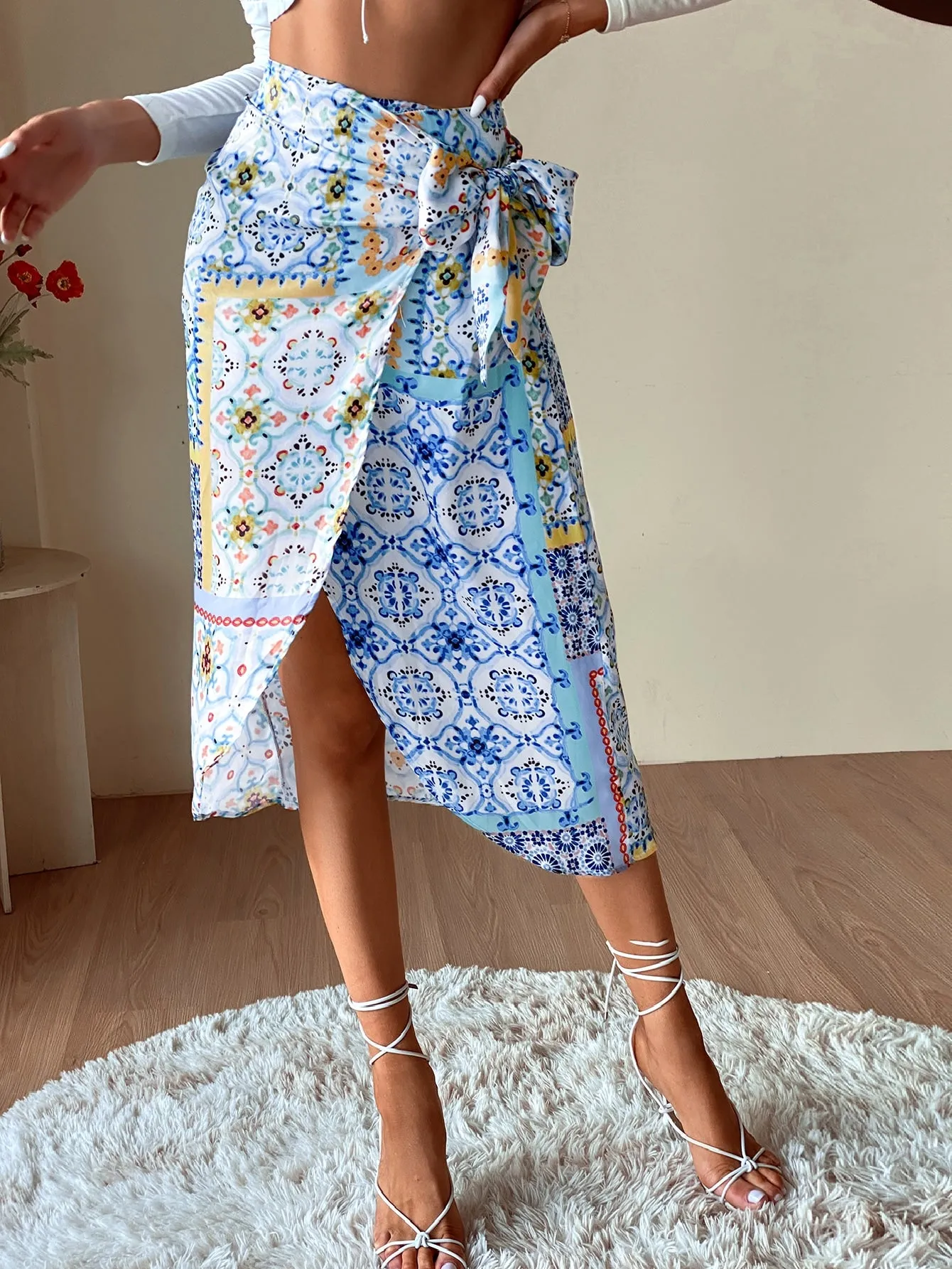 Boho Scarf Print Tie Front High Waist Midi Women Skirt