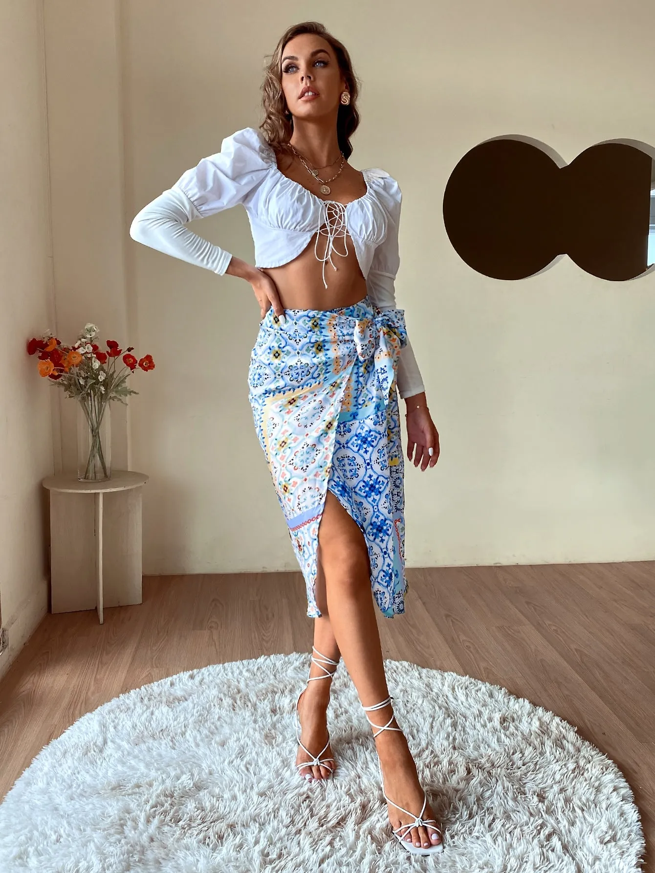 Boho Scarf Print Tie Front High Waist Midi Women Skirt