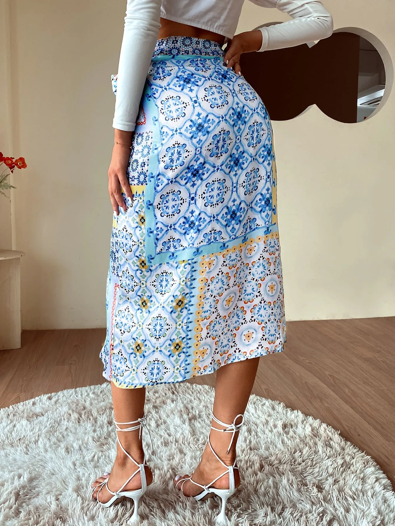 Boho Scarf Print Tie Front High Waist Midi Women Skirt