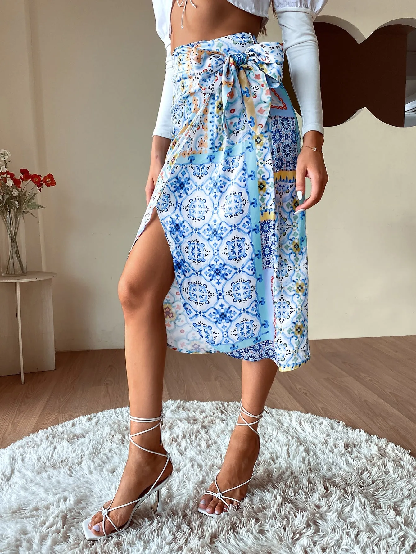 Boho Scarf Print Tie Front High Waist Midi Women Skirt