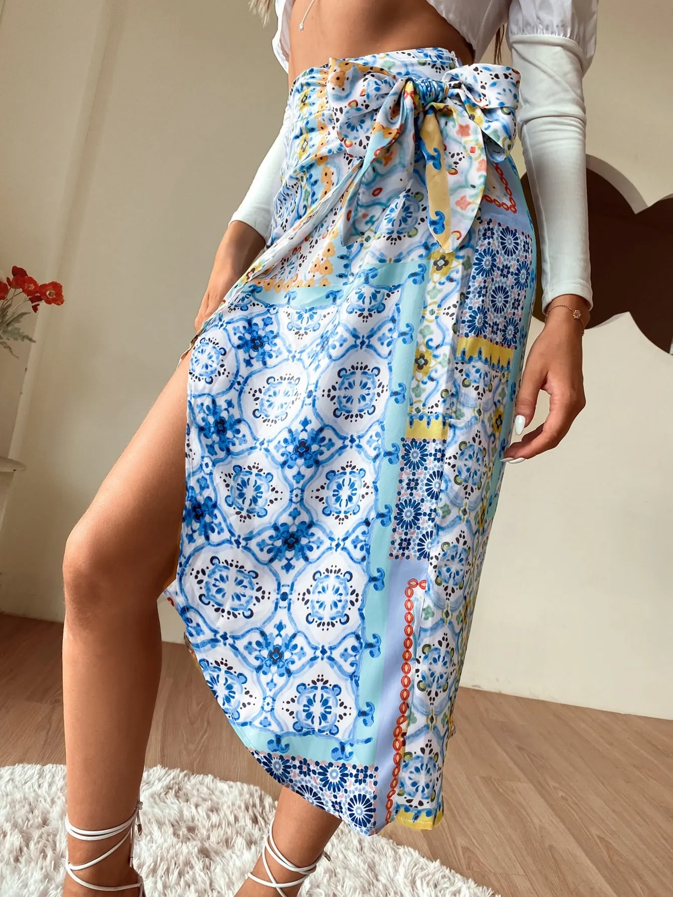 Boho Scarf Print Tie Front High Waist Midi Women Skirt