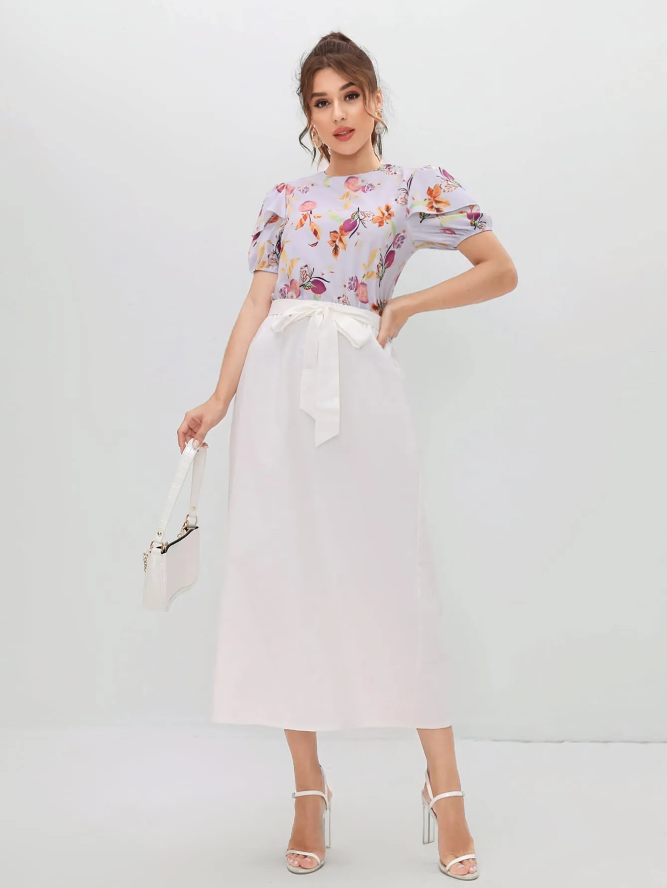 Casual Plain Tie Front High Waist Long Women Skirt