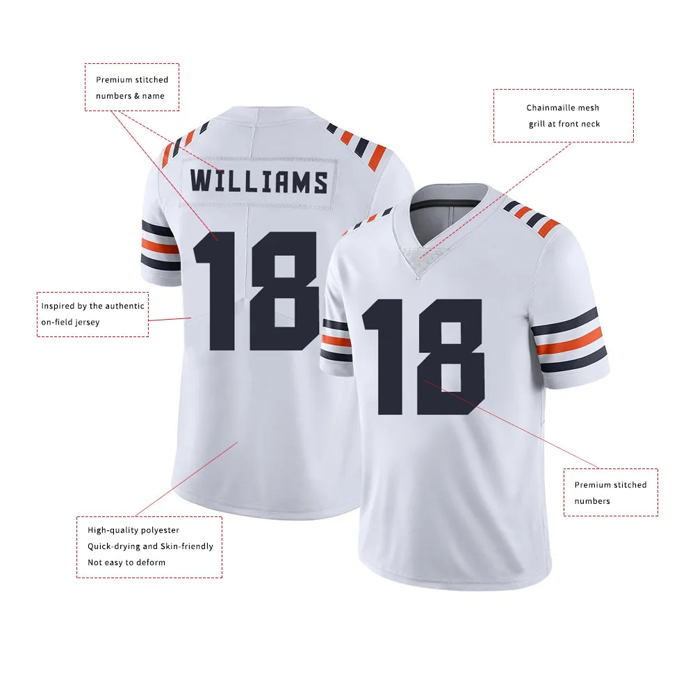 Chicago Bears Jersey #18 Williams White Youth Adult Men's Football Team Color Away Player Jersey