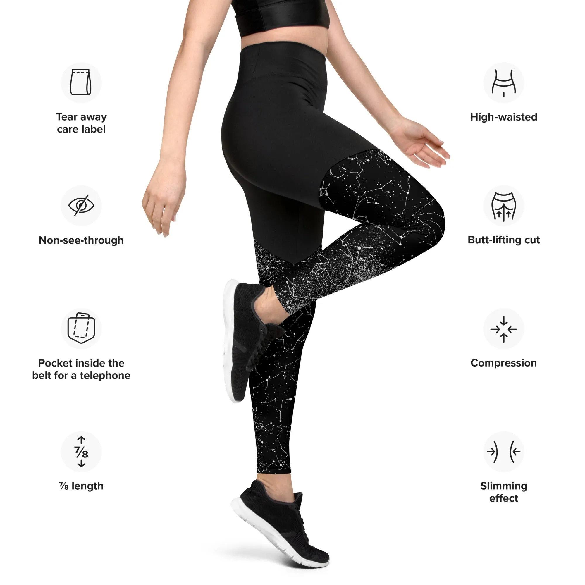 Constellation Sports Leggings - Slimming Effect Compression Fabric with Bum-lift cut - UPF 50  Protection, Vegan Sportswear