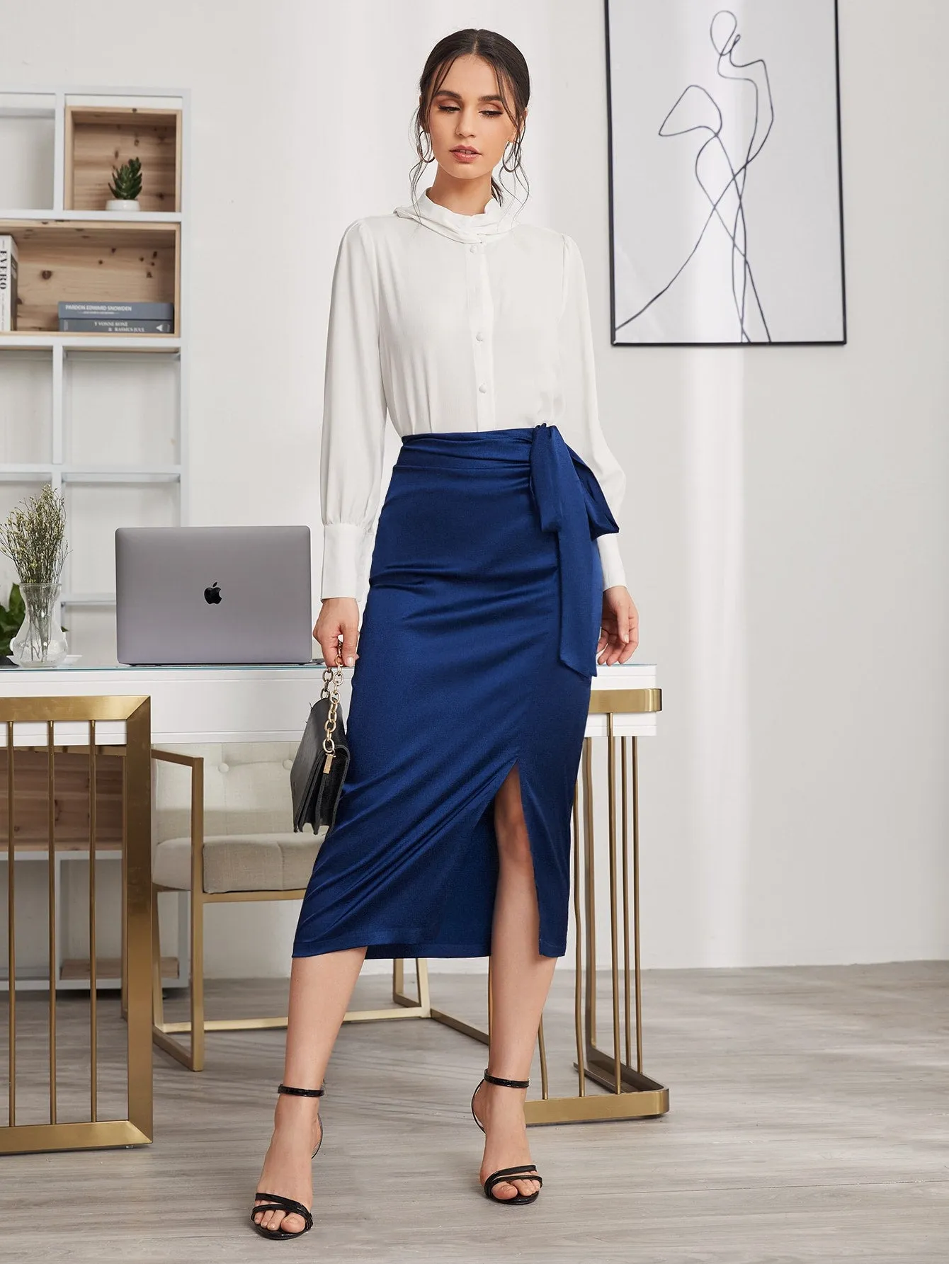 Elegant Plain Tie Front High Waist Long Women Skirt