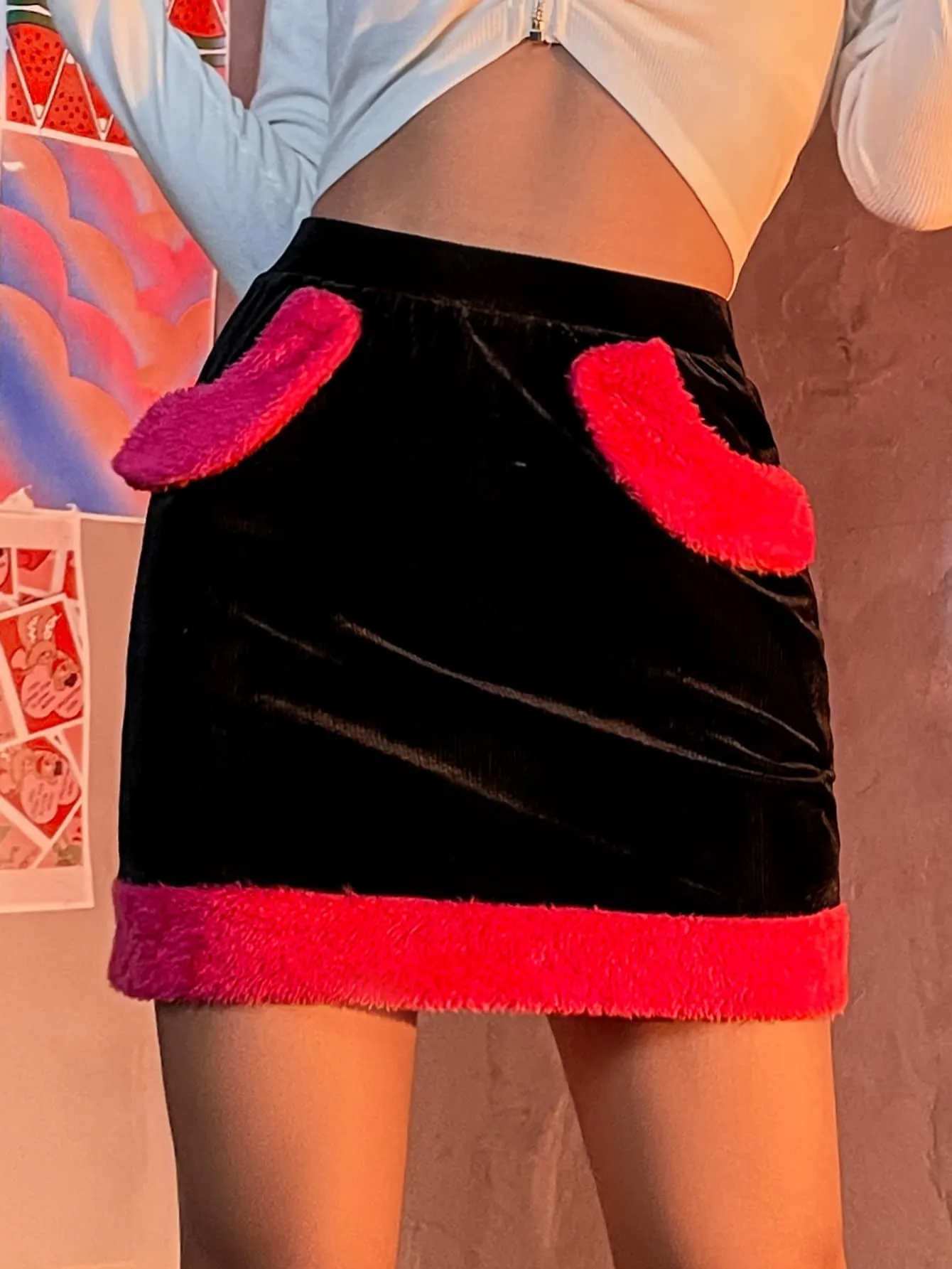 Glamorous Colorblock Contrast Faux Fur High Waist Mini Women Skirt