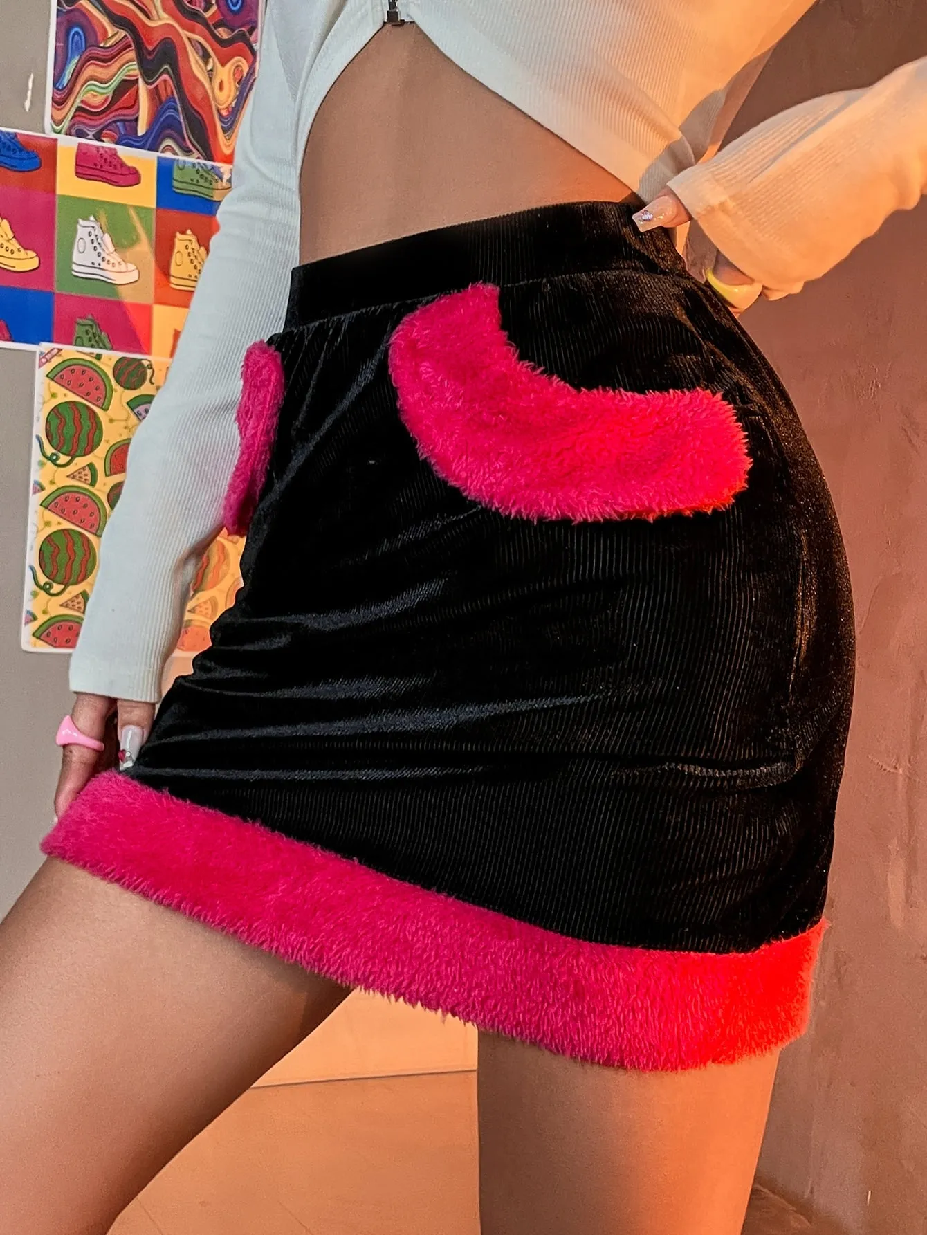 Glamorous Colorblock Contrast Faux Fur High Waist Mini Women Skirt