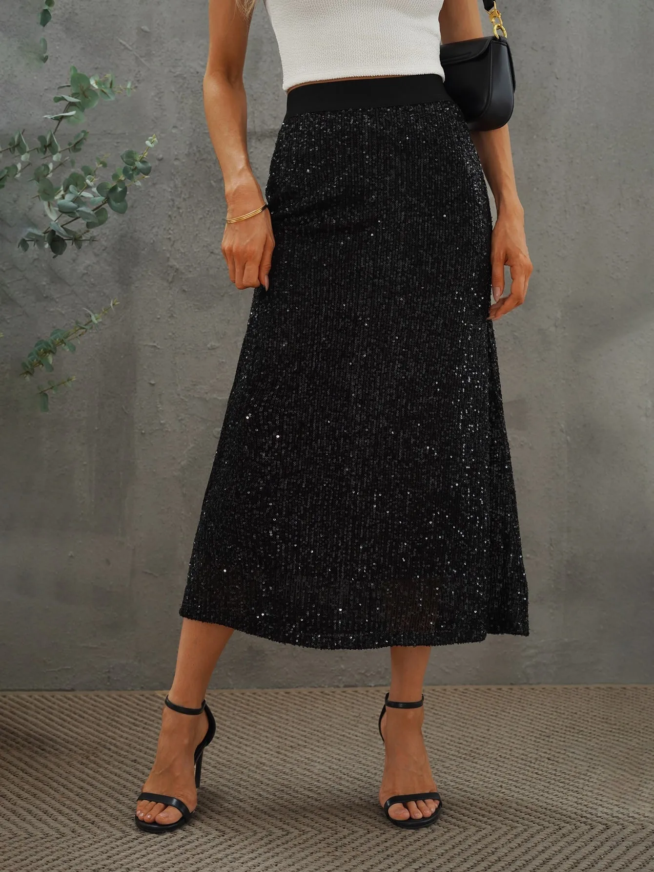 Glamorous Plain Contrast Sequin High Waist Long Women Skirt