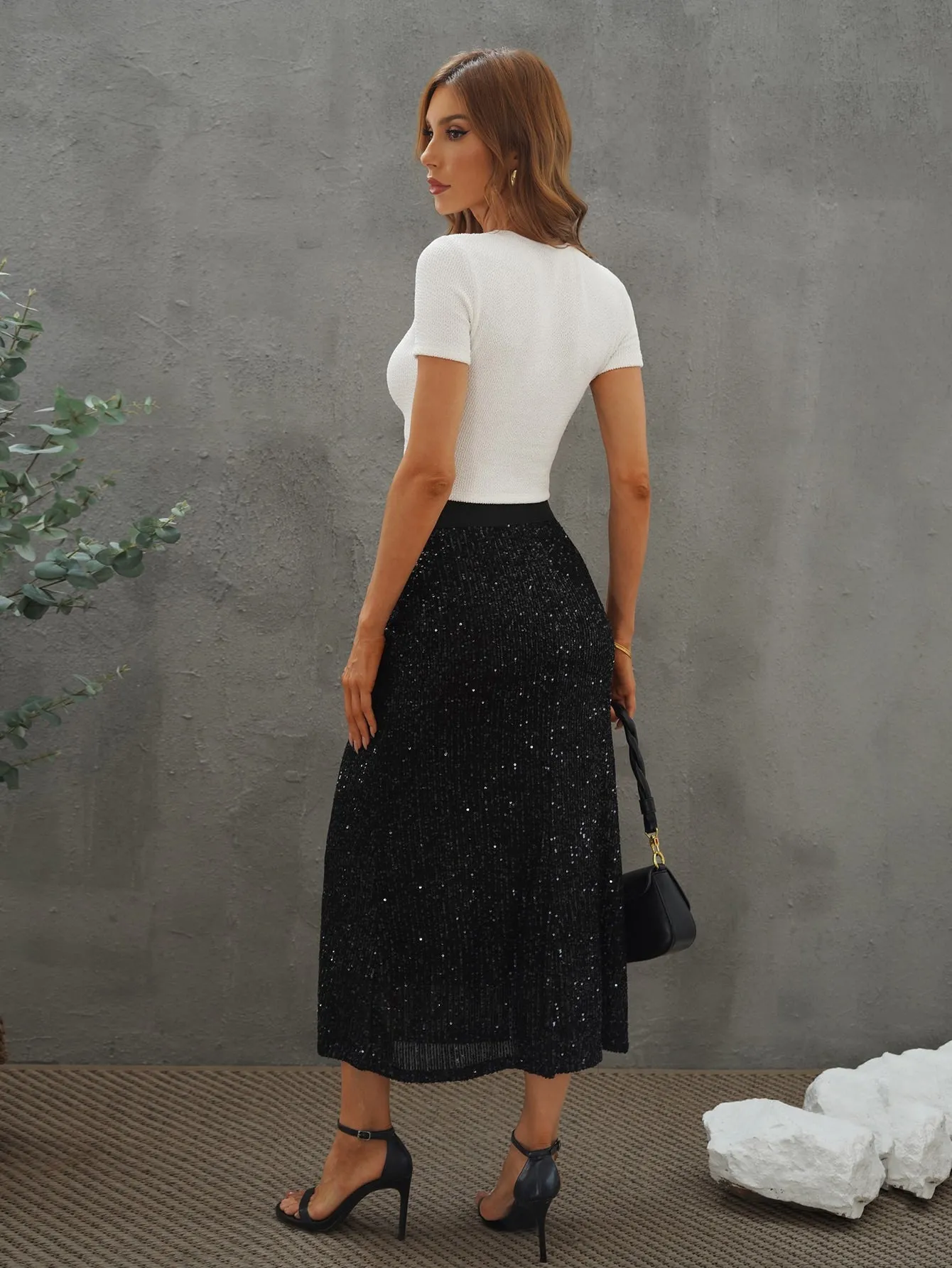 Glamorous Plain Contrast Sequin High Waist Long Women Skirt