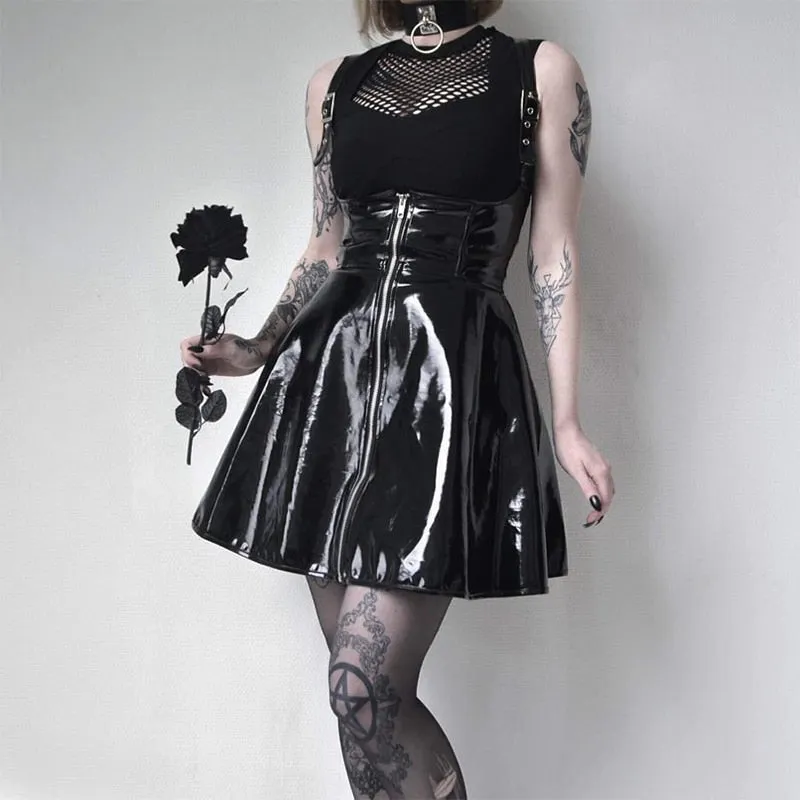 Leather Black Skirt High Waist Suspender Mini Skirt Women A Line Skirt