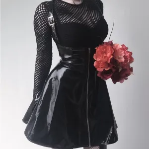 Leather Black Skirt High Waist Suspender Mini Skirt Women A Line Skirt