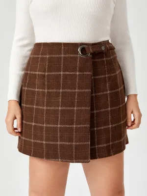 Plaid Button Short Plus Size Skirt