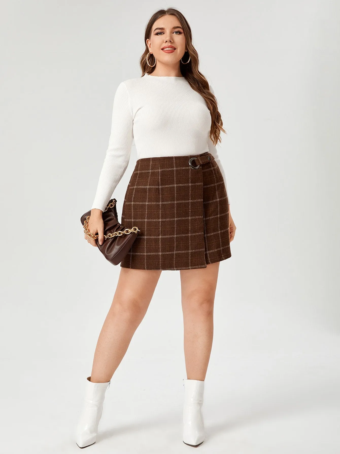 Plaid Button Short Plus Size Skirt