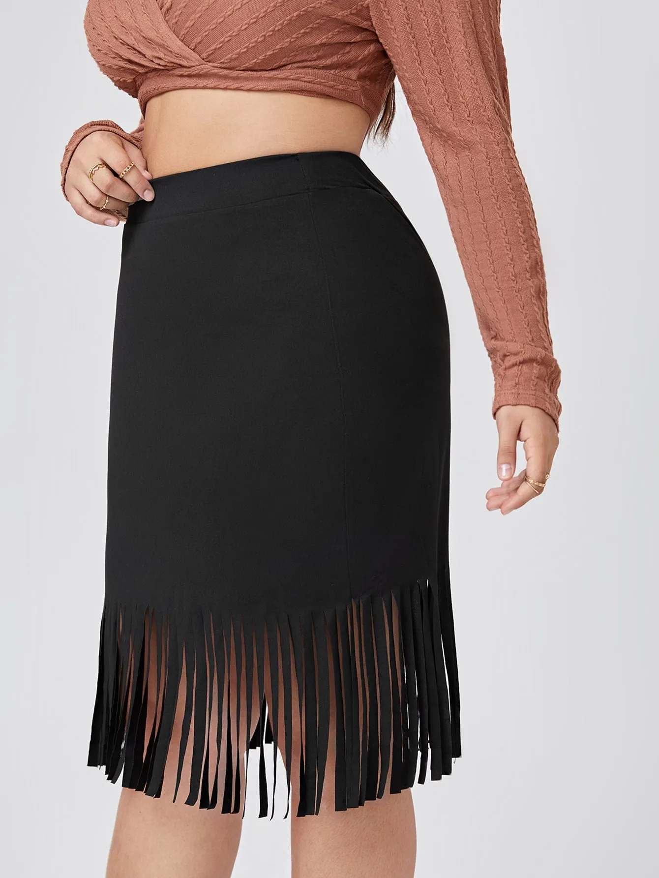 Plain Fringe Knee Length Plus Size Skirt