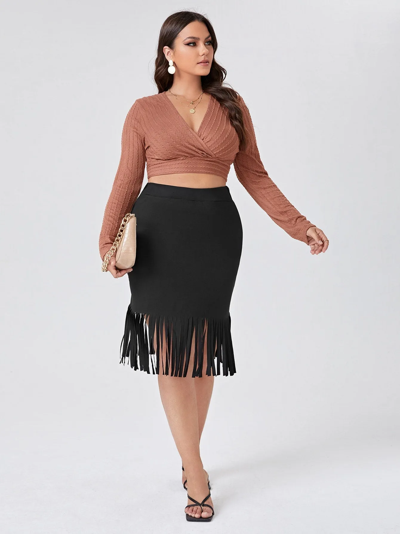 Plain Fringe Knee Length Plus Size Skirt