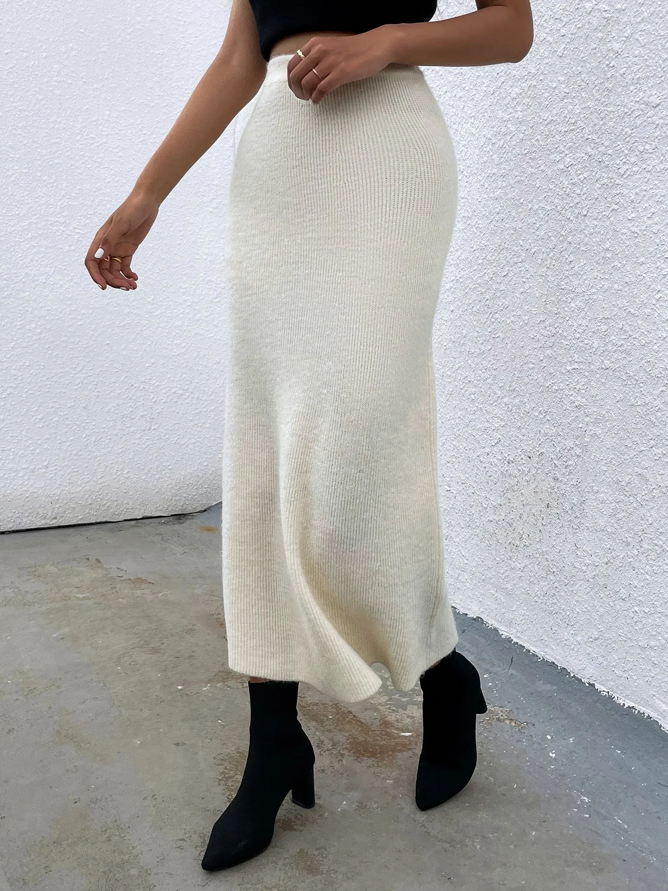 Plain Rib-Knit High Waist Long Women Sweater Skirt