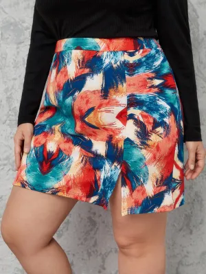 Random Print Short Plus Size Skirt