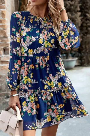 WOMEN SMOCKED NECK FLORAL LONG SLEEVE MINI DRESS_CWDSD1691